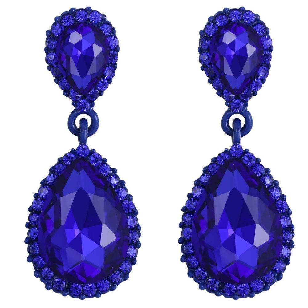 Blue with Blue Sapphire Austrian Crystal Dangling Teardrop Post Back Earrings